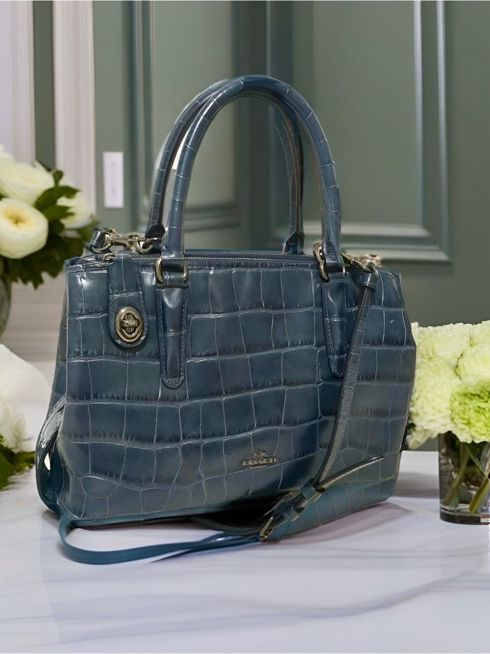 Coach Navy Brooklyn Carryall 34 Croc Embossed Leather Shoulder Bag